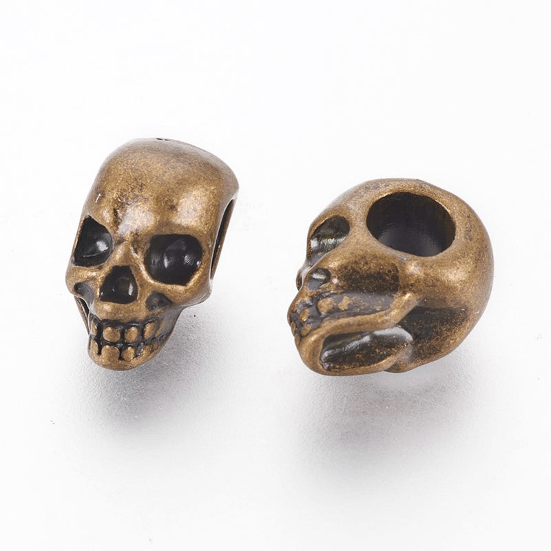 10 Bronze Metal SKULL Beads, Large Hole, side drilled, 12mm, bme0763