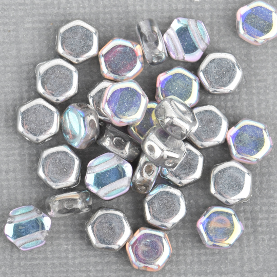 30 Honeycomb Beads, 6mm, CRYSTAL SILVER RAINBOW, Ab Metallic Czech Glass Beads, bsd0096