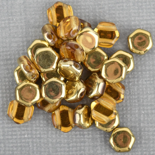 30 Honeycomb Beads, 6mm, TOPAZ AMBER, Metallic Gold Czech Glass Beads, bsd0109