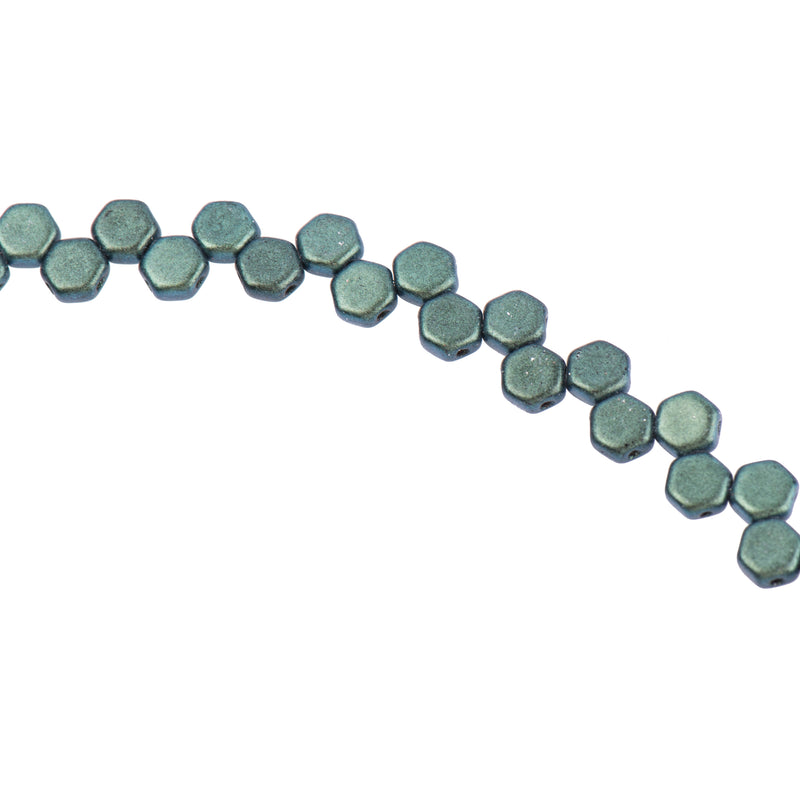 30 Honeycomb Beads, 6mm, MOTLEY VIRIDIAN Green, Metallic Opaque Czech Glass Beads, bsd0141