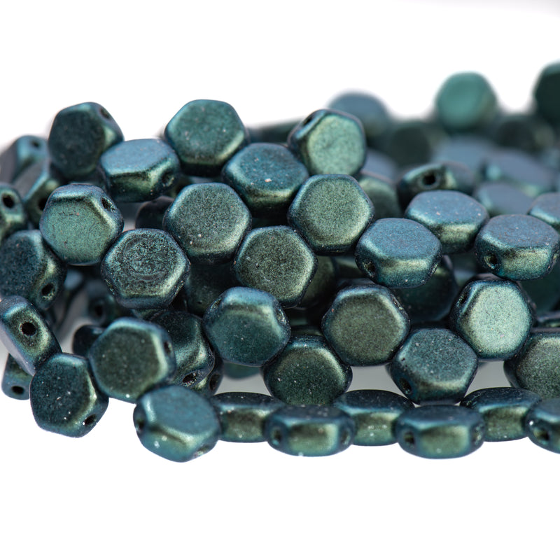 30 Honeycomb Beads, 6mm, MOTLEY VIRIDIAN Green, Metallic Opaque Czech Glass Beads, bsd0141