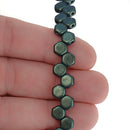 30 Honeycomb Beads, 6mm, MOTLEY VIRIDIAN Green, Metallic Opaque Czech Glass Beads, bsd0141