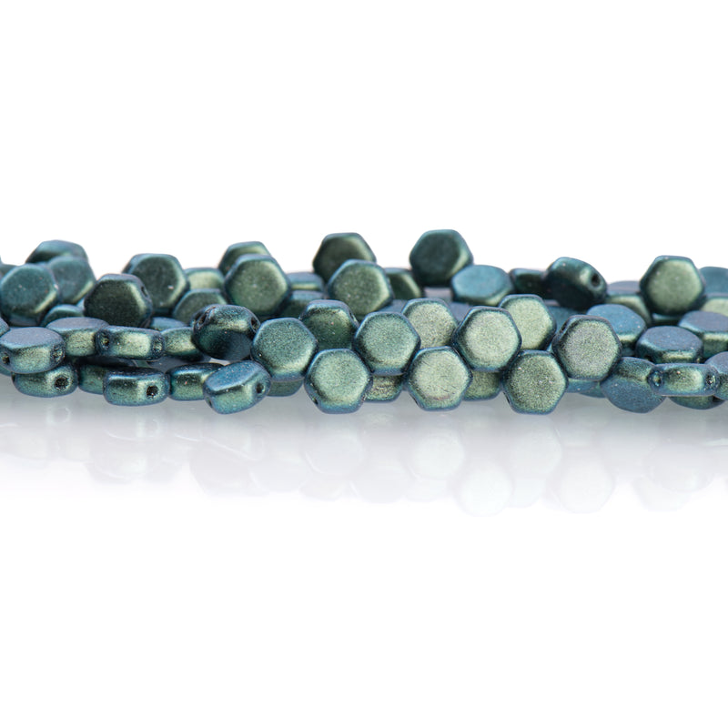 30 Honeycomb Beads, 6mm, MOTLEY VIRIDIAN Green, Metallic Opaque Czech Glass Beads, bsd0141