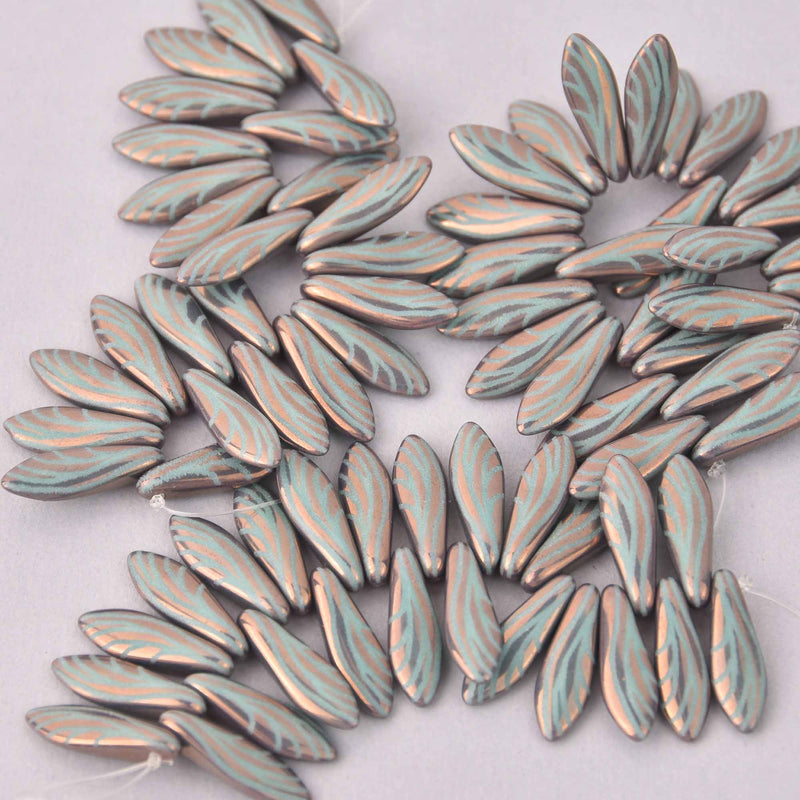 16mm Dagger Czech Glass Beads, Gold Turquoise Laser Etched Wing, top drilled, 25 beads, bsd0863