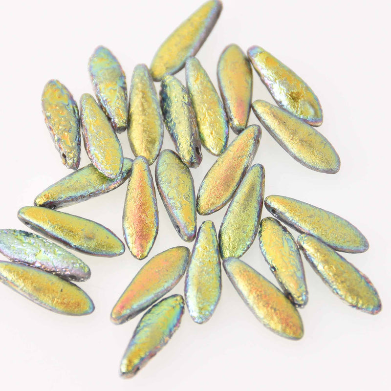 16mm Dagger Czech Glass Beads, Etch Crystal Full Vitrail, top drilled, 25 beads, bsd0864