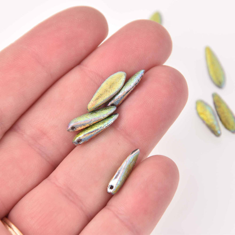 16mm Dagger Czech Glass Beads, Etch Crystal Full Vitrail, top drilled, 25 beads, bsd0864