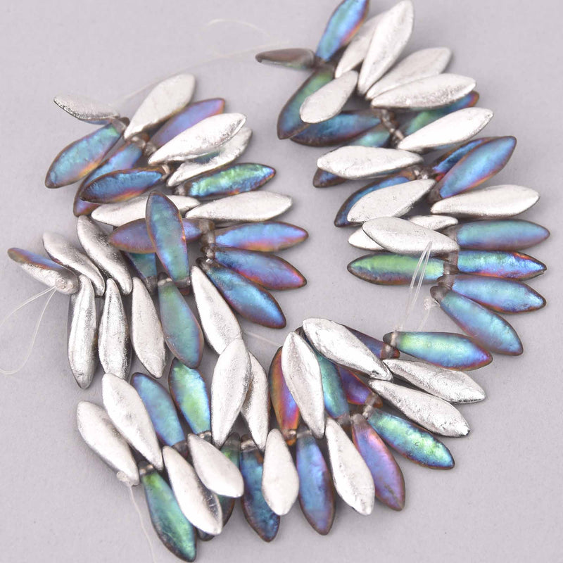 16mm Dagger Czech Glass Beads, Backlit Petroleum Vitrail, top drilled, 25 beads, bsd0866