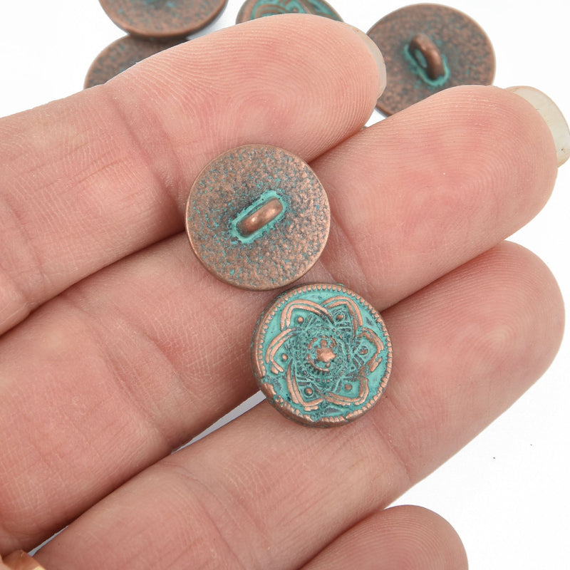 10 Copper Shank Buttons, flower pattern, 15mm (5/8") diameter, antiqued with a GREEN BLUE paint wash, shabby chic but0275