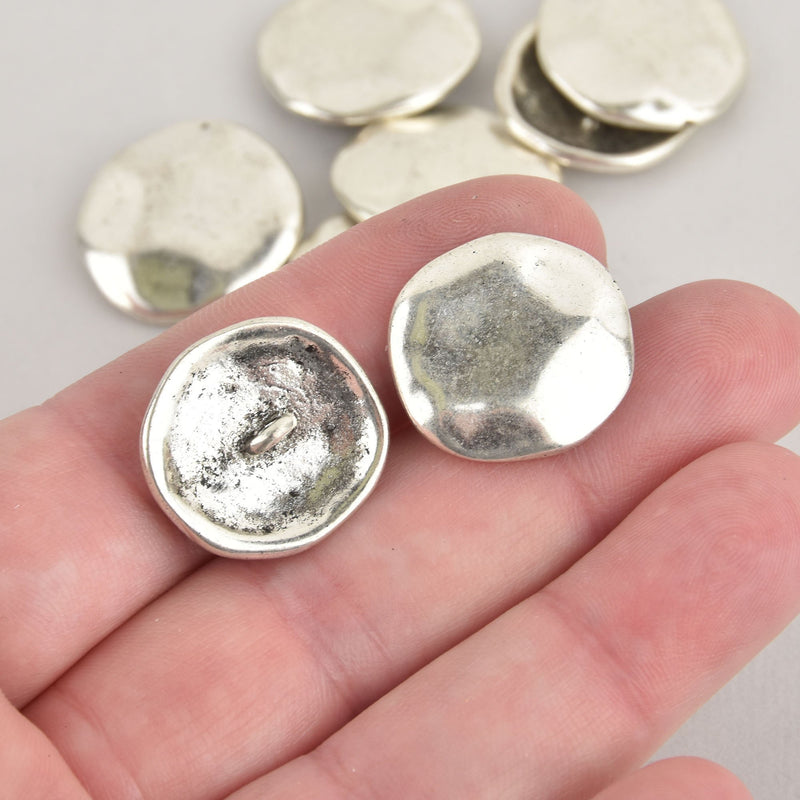 5 Silver Round Hammered Buttons, metal shank but0282