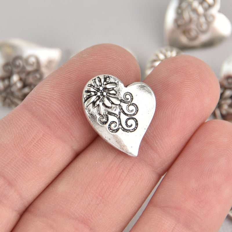 6 Silver Metal Heart Shank Buttons, 3/4", but0283