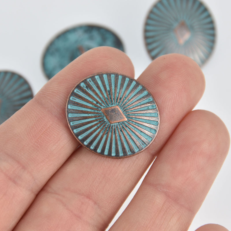 10 Copper Shank Buttons, Blue patina, Oval 25x22mm, but0284