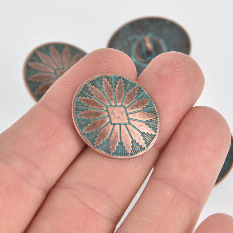 10 Copper Shank Buttons, Blue Green Patina, Oval 25x22mm, but0285