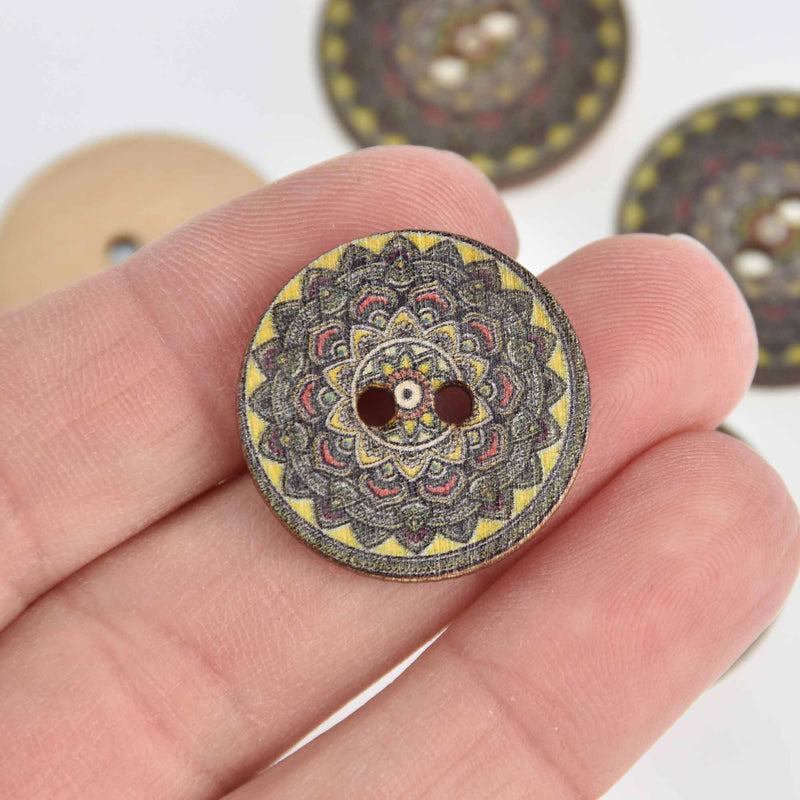 20 Wood Buttons, Mandala, 2 holes, 25mm or 1" diameter, but0292