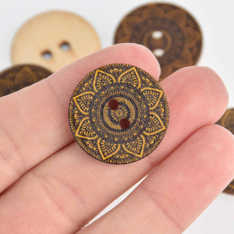 20 Wood Buttons, Mandala, 2 holes, 25mm or 1" diameter, but0294