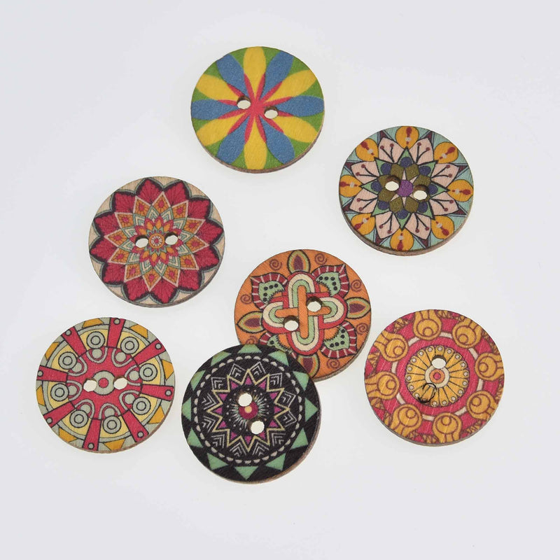 20 Wood Buttons, Mixed Designs, 2 holes, 25mm or 1" diameter, but0295