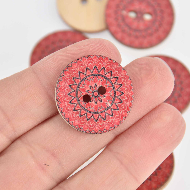 20 Wood Buttons, Red Mandala, 2 holes, 25mm or 1" diameter, but0297