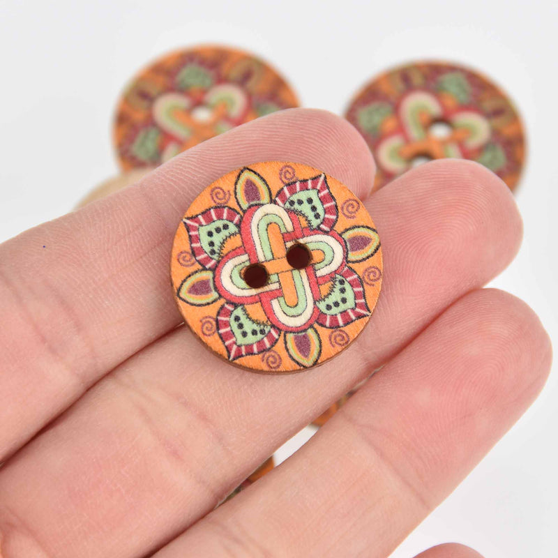 20 Wood Buttons, Orange Mandala, 2 holes, 25mm or 1" diameter, but0298