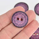 20 Wood Buttons, Purple Mandala, 2 holes, 25mm or 1" diameter, but0300