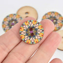 20 Wood Buttons, Flower Mandala, 2 holes, 25mm or 1" diameter, but0301