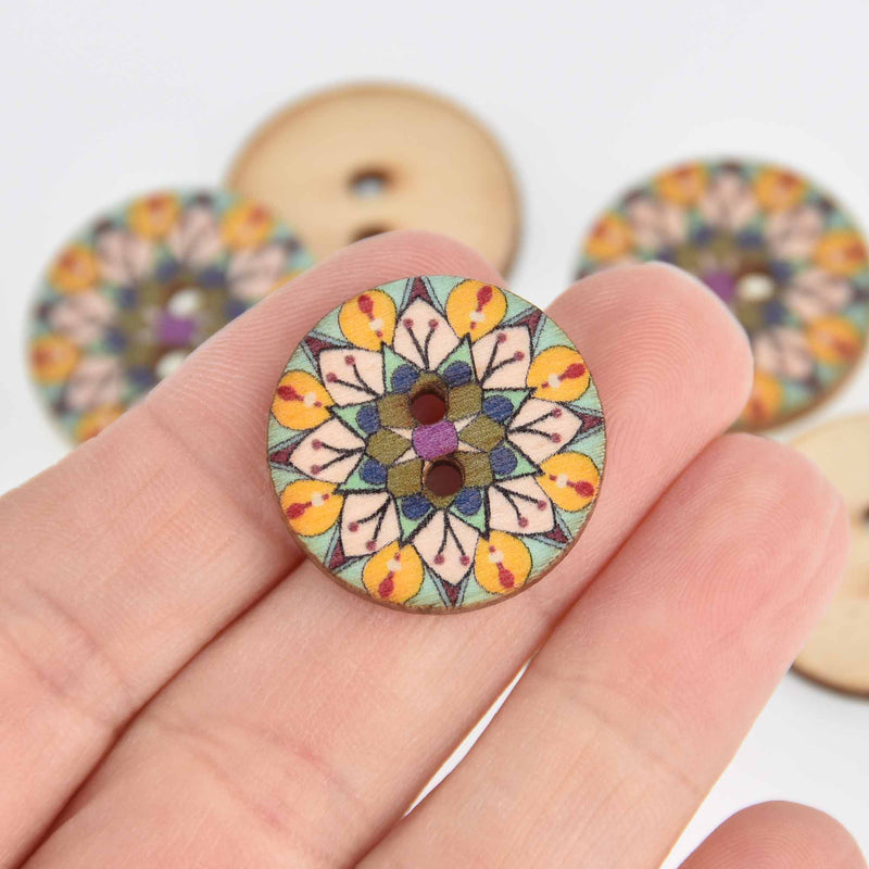 20 Wood Buttons, Flower Mandala, 2 holes, 25mm or 1" diameter, but0301