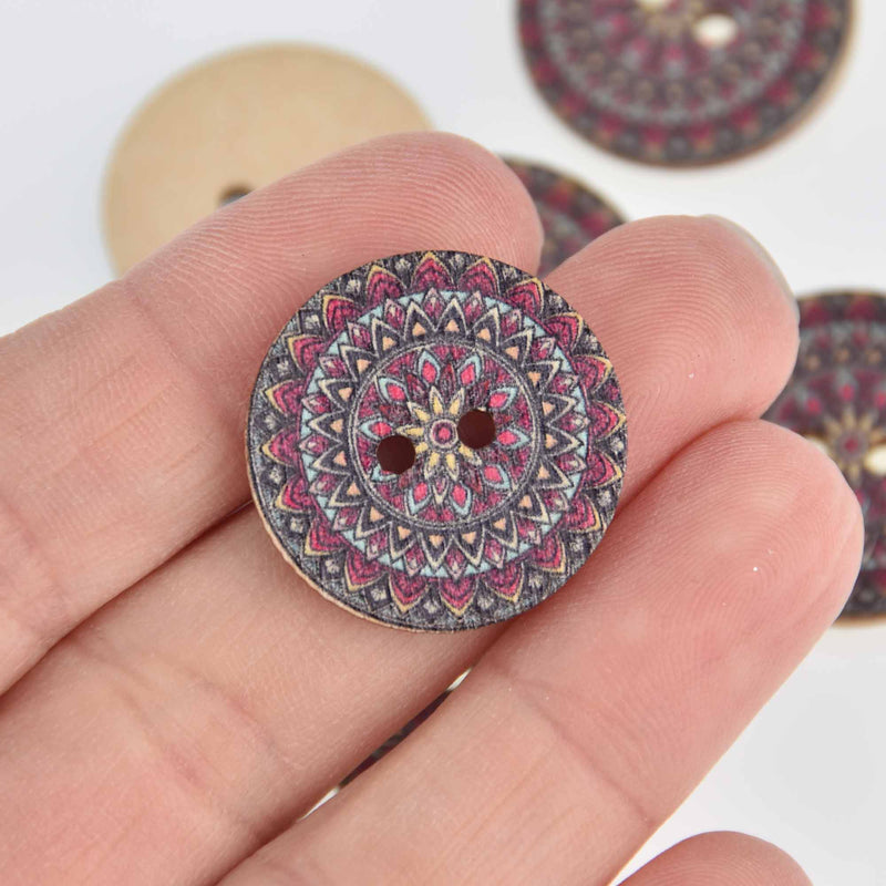 20 Wood Buttons, Mandala, 2 holes, 25mm or 1" diameter, but0302