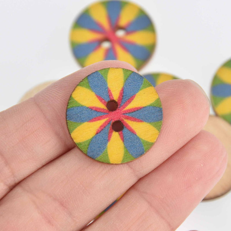 20 Wood Buttons, Flower Mandala, 2 holes, 25mm or 1" diameter, but0303