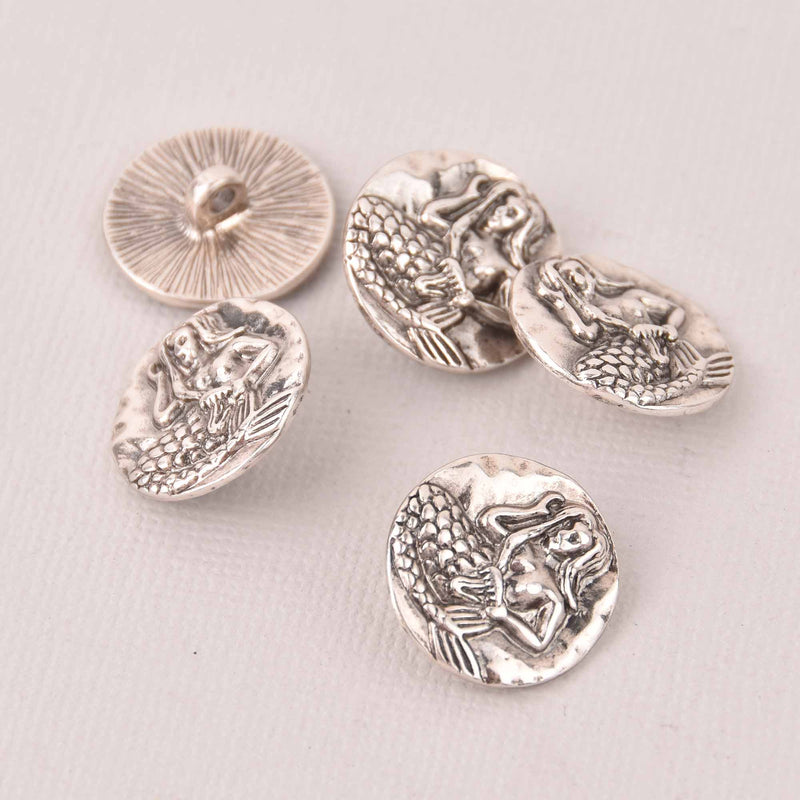 5 Silver Mermaid Buttons, Shank Buttons, 18mm diameter, but0304