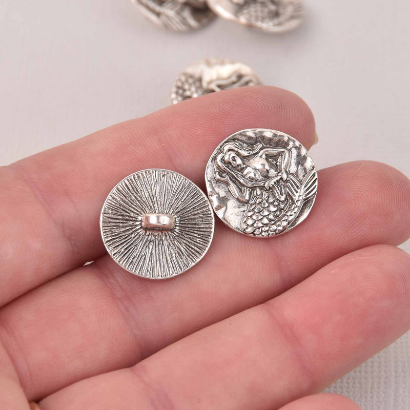 5 Silver Mermaid Buttons, Shank Buttons, 18mm diameter, but0304