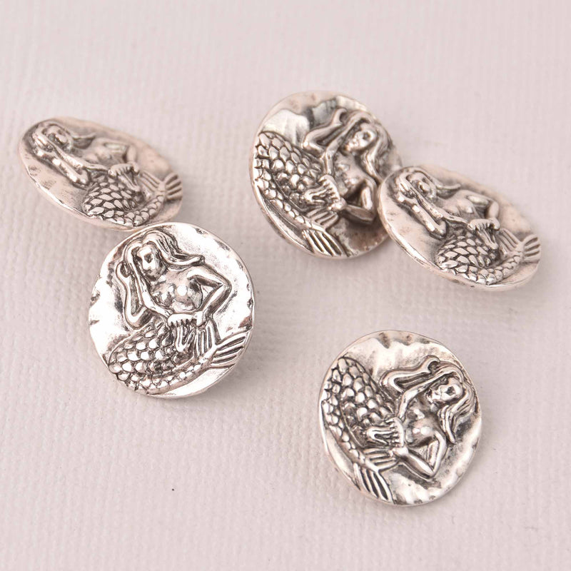 5 Silver Mermaid Buttons, Shank Buttons, 18mm diameter, but0304