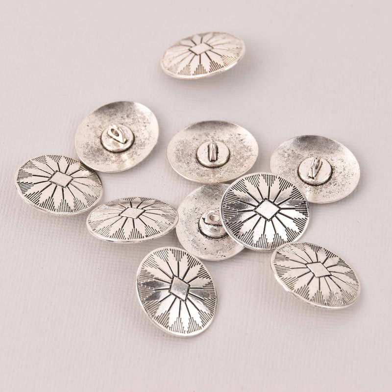 6 Silver Metal Shank Buttons, Oval Concho, 1", but0305