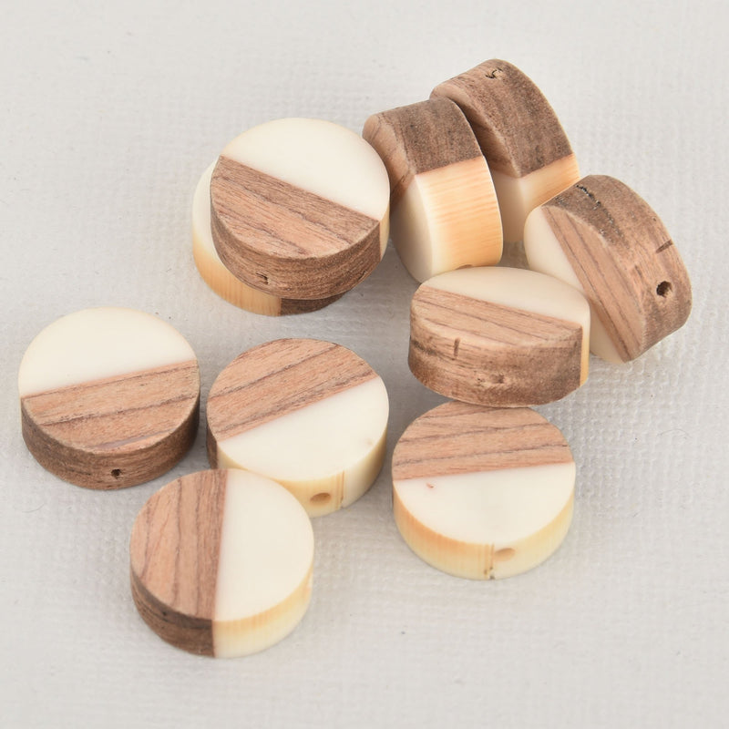 2 Wood Resin Beads, Round Flat Coin, White Resin and Real Wood, 15mm, bwd0008