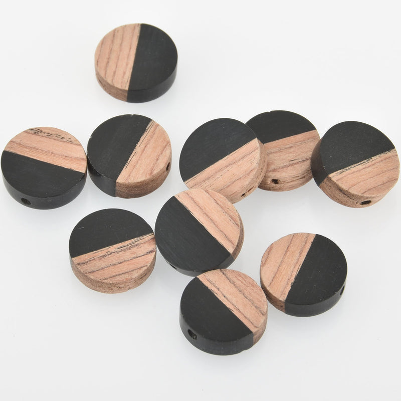 2 Wood Resin Beads, Round Flat Coin, Black Resin and Real Wood, 15mm, bwd0009
