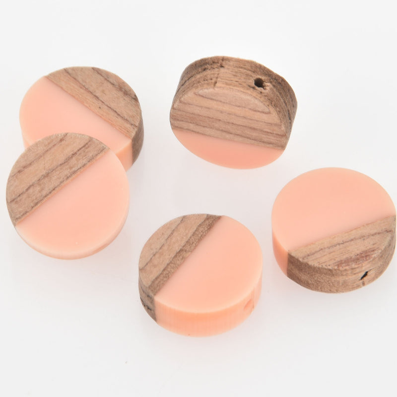 2 Wood Resin Beads, Round Flat Coin, Blush Peach Resin and Real Wood, 15mm, bwd0010