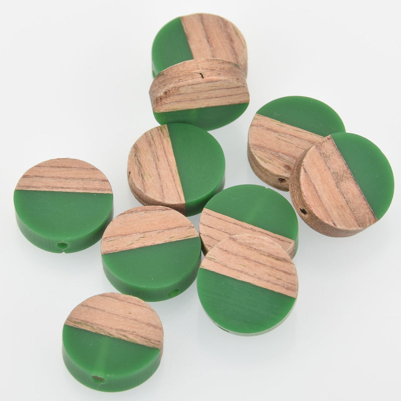 2 Wood Resin Beads, Round Flat Coin, Green Resin and Real Wood, 15mm, bwd0011