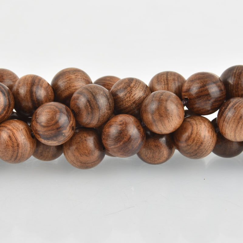 12mm Natural Sandalwood Wood Beads, Dark Brown Banded Wooden Beads, x10 beads, bwd0017