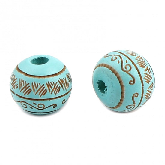 10mm Round Turquoise Blue Wood Beads, 20 beads, bwd0056