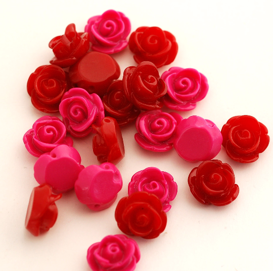 20 Small Resin Rose Beads or Cabochons  13mm diameter  HOT PINK and RED Mix cab0248