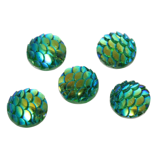 12mm MERMAID FISH Scale Cabochons, Round Resin Metallic, Green AB iridescent,  10 pieces, 1/2",  cab0498a