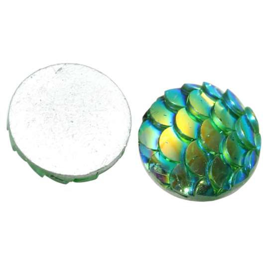 12mm MERMAID FISH Scale Cabochons, Round Resin Metallic, Green AB iridescent,  10 pieces, 1/2",  cab0498a