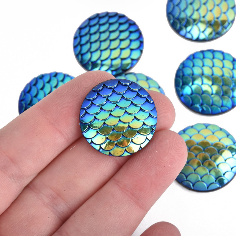 Bulk 25mm MERMAID FISH Scale Cabochons, Round Resin Metallic, Green AB iridescent, 30 pieces, 1", cab0541b