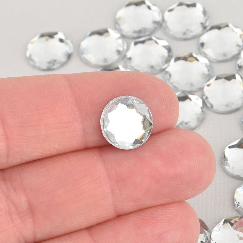 20 Round Faux Crystals Cabochons, clear acrylic, faceted, flat back, 12mm, 1/2" cab0575