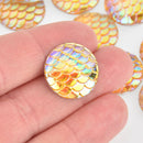 20mm MERMAID FISH SCALE Cabochons, Round Resin Metallic, yellow gold iridescent,  10 pieces, 3/4" cab0576