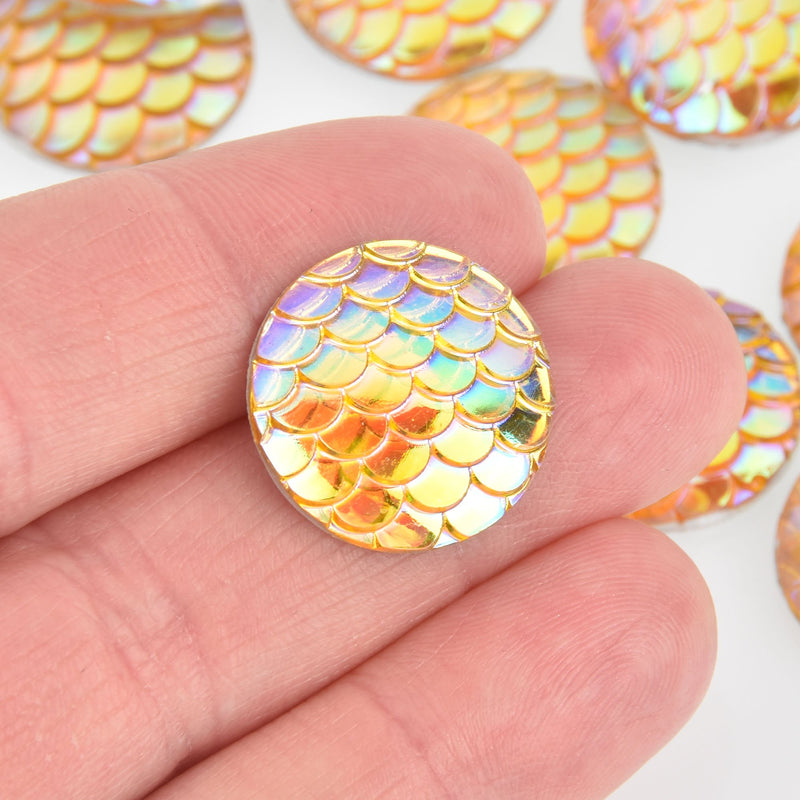 20mm MERMAID FISH SCALE Cabochons, Round Resin Metallic, yellow gold iridescent,  10 pieces, 3/4" cab0576