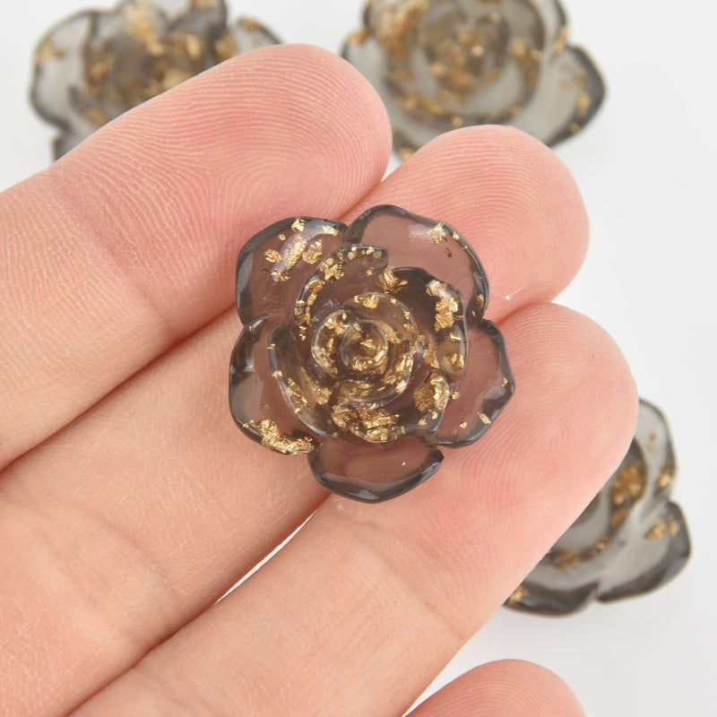 4 Rose Cabochons, Gray Resin Flower with Gold Foil, 23mm diameter cab0585