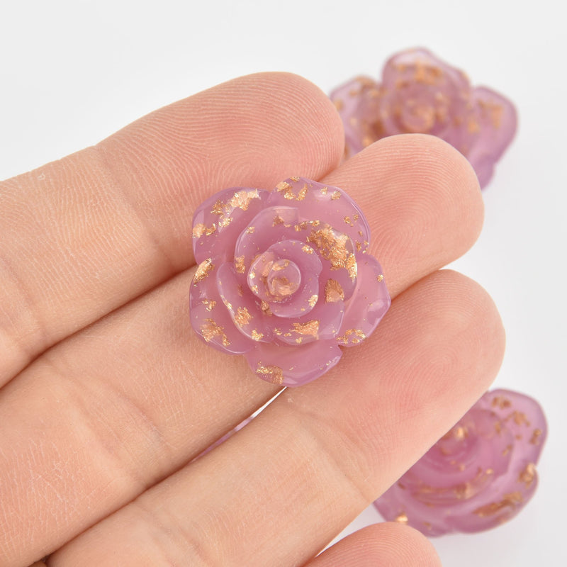 4 Rose Cabochons, Purple Resin Flower with Gold Foil, 23mm diameter cab0586