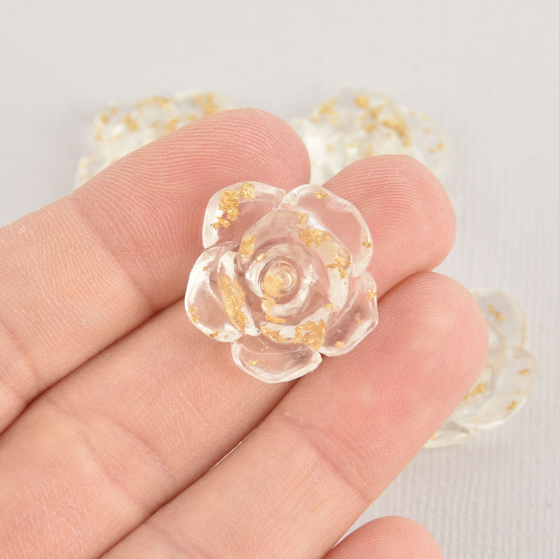 4 Rose Cabochons, Clear Resin Flower with Gold Foil, 23mm diameter cab0587