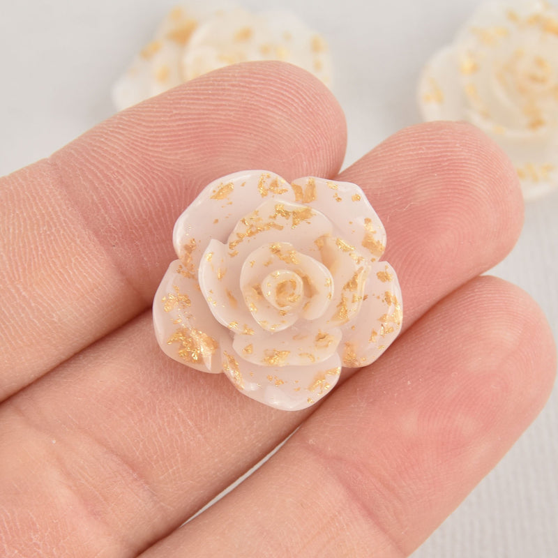4 Rose Cabochons, White Resin Flower with Gold Foil, 23mm diameter cab0588