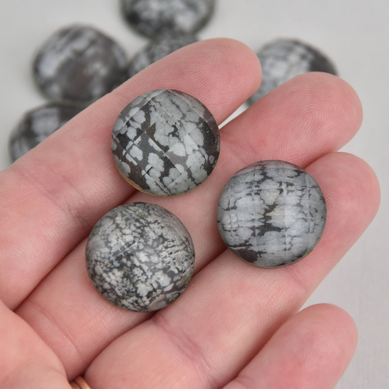 20mm Round Cabochons, Snowflake Obsidian, Faceted, x2, cab0594