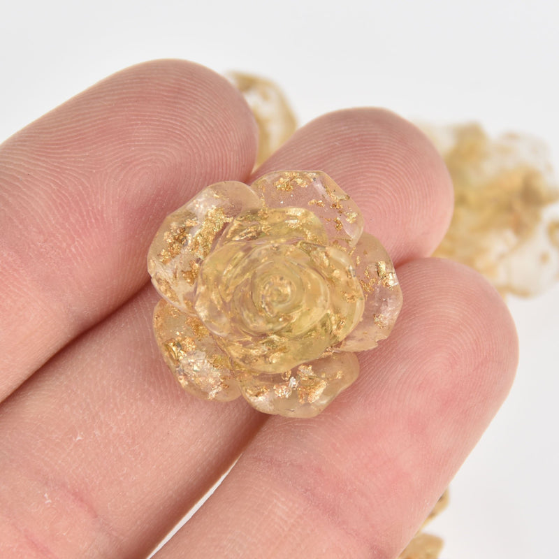 4 Rose Cabochons, Resin Flower with Gold Foil, 23mm diameter cab0598