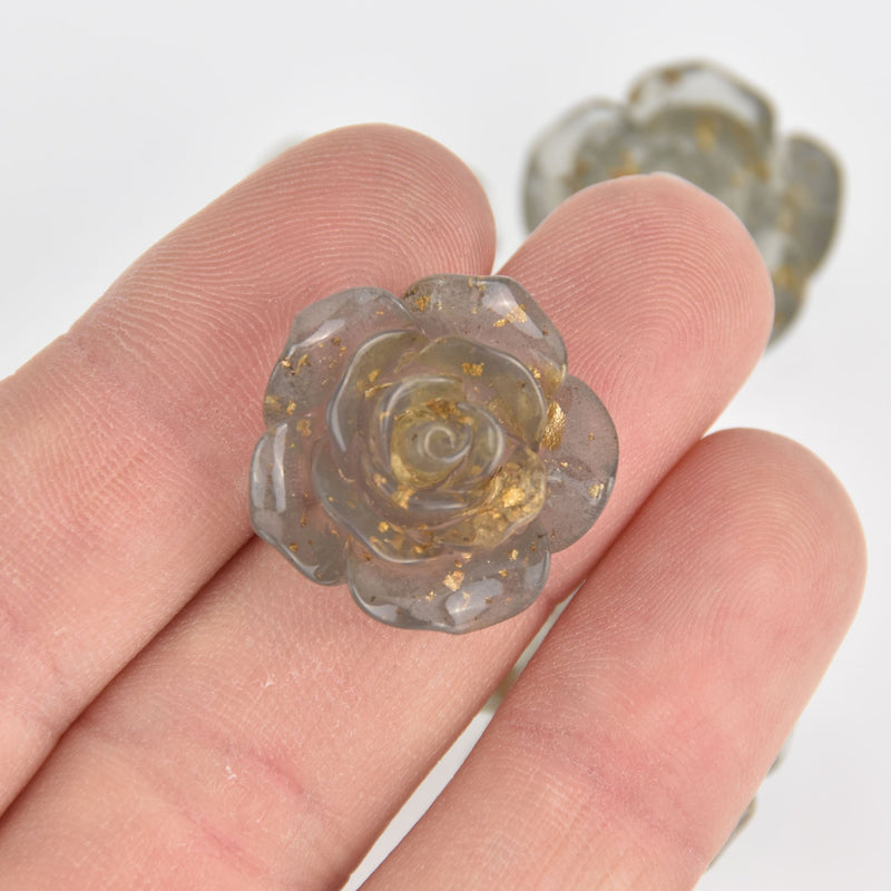 4 Rose Cabochons, Gray Resin Flower with Gold Foil, 23mm diameter cab0599